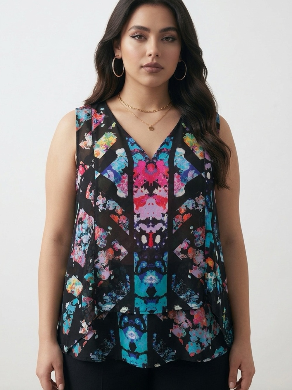 Nicole by Nicole Miller Black V-Neck Floral Print Sleeveless Blouse